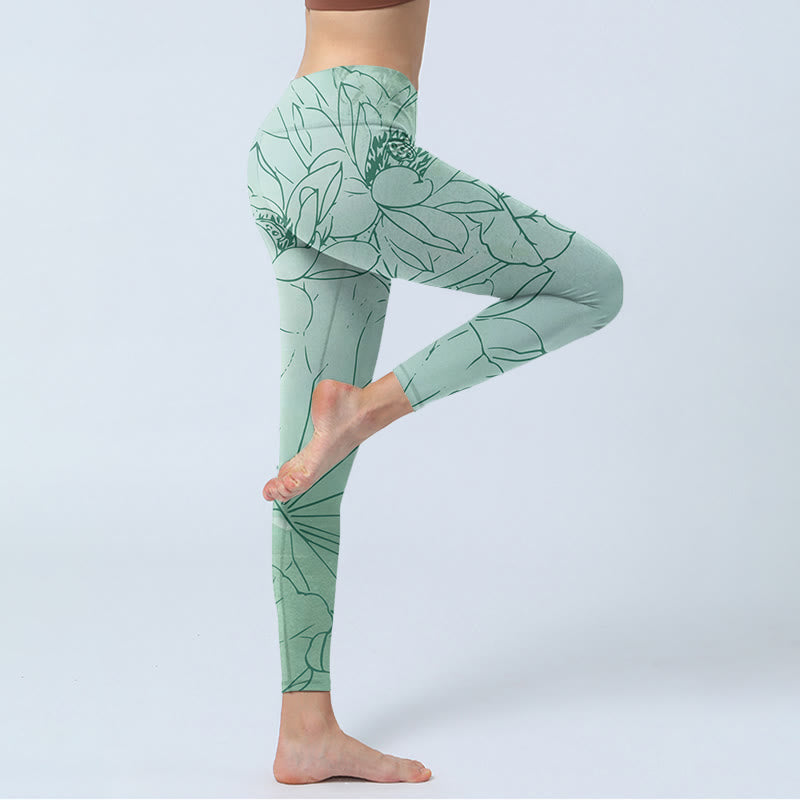 Buddha Stones Green Lotus Flower Print Sports Leggings Women's Yoga Pants - image 3