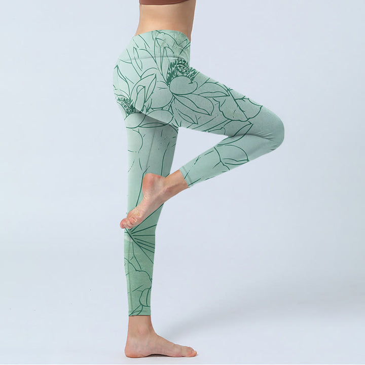 Buddha Stones Green Lotus Flower Print Sports Leggings Women's Yoga Pants - image 3