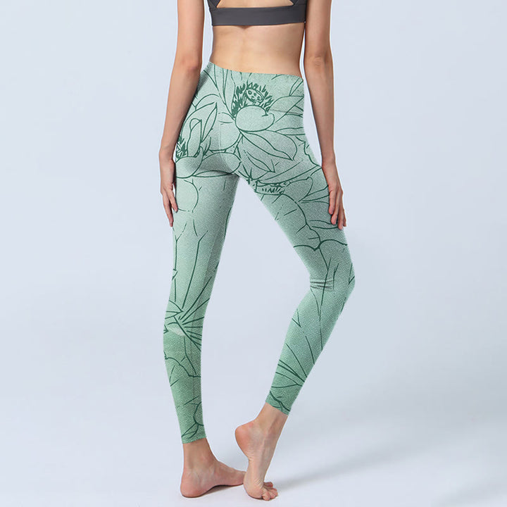 Buddha Stones Green Lotus Flower Print Sports Leggings Women's Yoga Pants