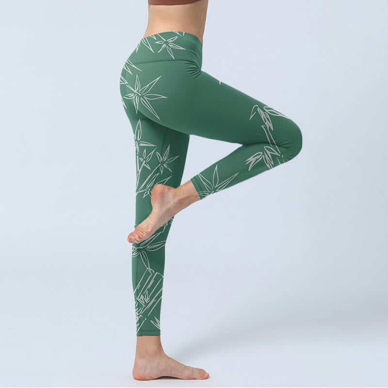 Buddha Stones Green White Bamboo Leaves Print Gym Leggings Women's Yoga Pants