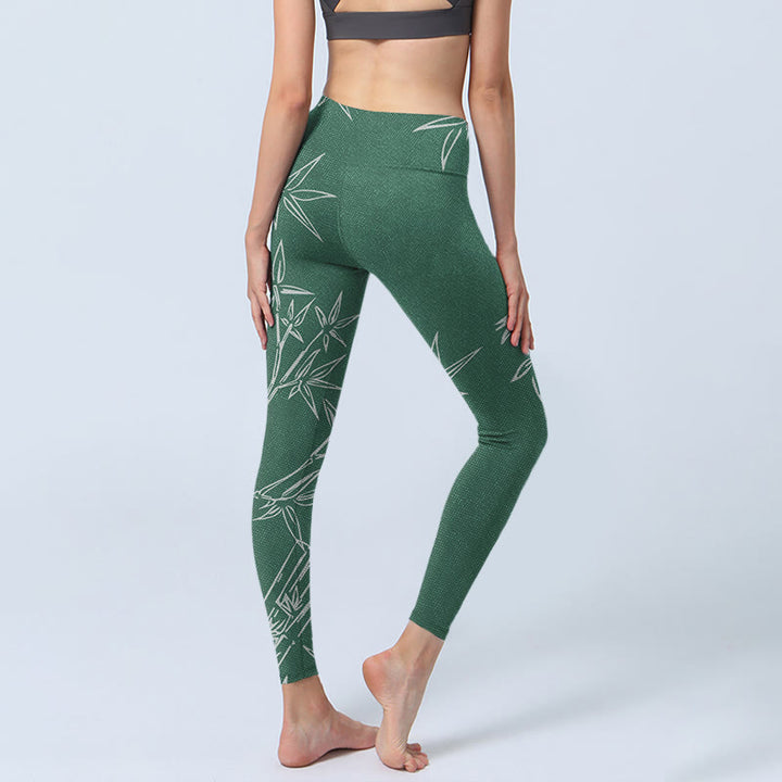 Buddha Stones Green White Bamboo Leaves Print Gym Leggings Women's Yoga Pants