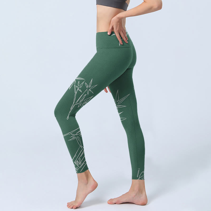 Buddha Stones Green White Bamboo Leaves Print Gym Leggings Women's Yoga Pants