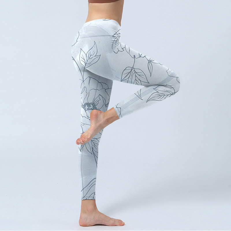 Buddha Stones Peony Flower Leaves Print Gym Leggings Women's Yoga Pants - image 3