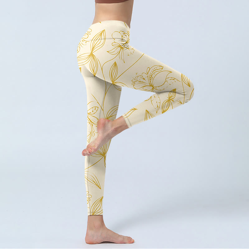 Buddha Stones Beige Flower Vine Print Gym Leggings Women's Yoga Pants