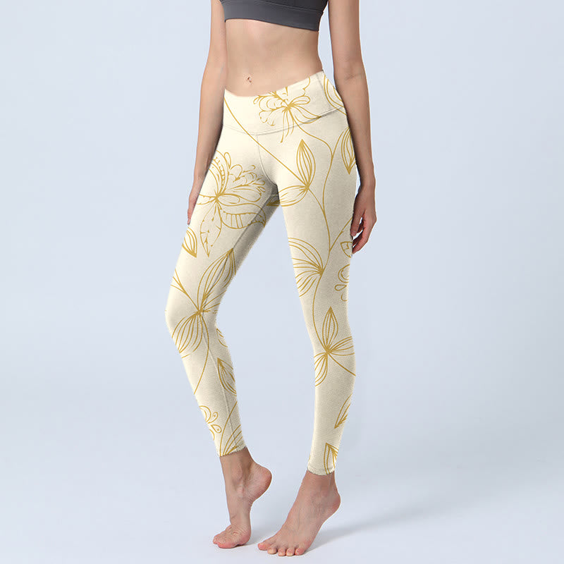 Buddha Stones Beige Flower Vine Print Gym Leggings Women's Yoga Pants - Beige - US18，UK/AU22，EU50 (4XL) - image 0