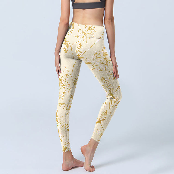 Buddha Stones Beige Flower Vine Print Gym Leggings Women's Yoga Pants - image 4
