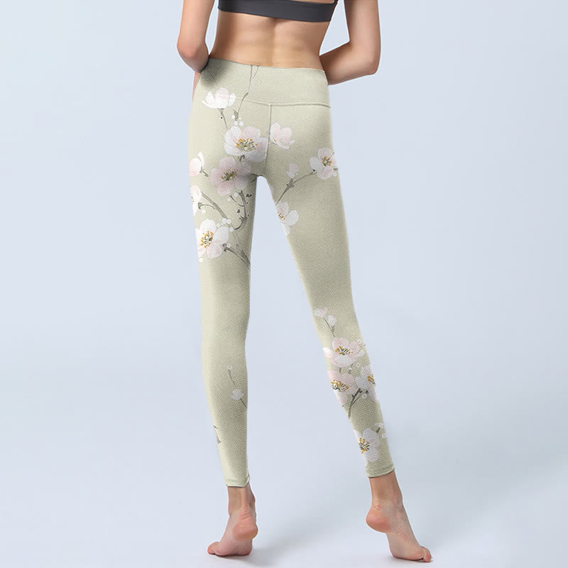 Buddha Stones Beige Plum Blossoms Print Gym Leggings Women's Yoga Pants - image 6