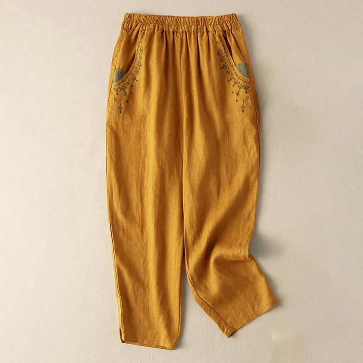 Buddha Stones Vintage Embroidery Elastic Waist Capri Harem Pants With Pockets