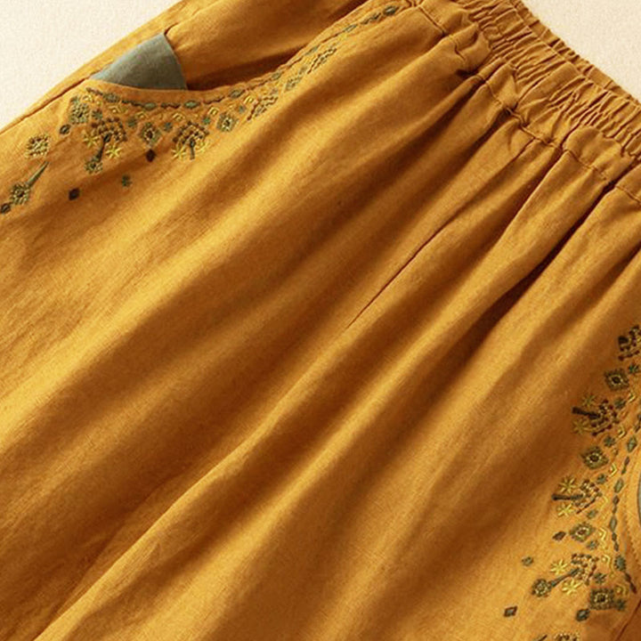 Buddha Stones Vintage Embroidery Elastic Waist Capri Harem Pants With Pockets