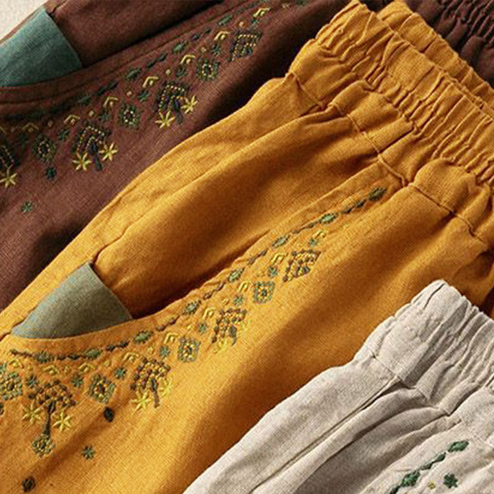 Buddha Stones Vintage Embroidery Elastic Waist Capri Harem Pants With Pockets