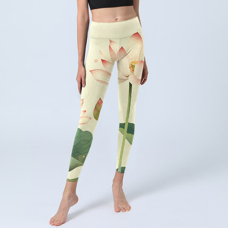 Buddha Stones Lotus Flower Leaf Dragonfly Print Fitness Leggings Women's Yoga Pants