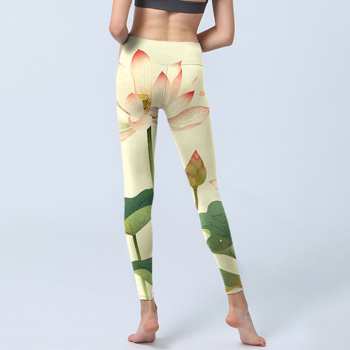 Buddha Stones Lotus Flower Leaf Dragonfly Print Fitness Leggings Women's Yoga Pants