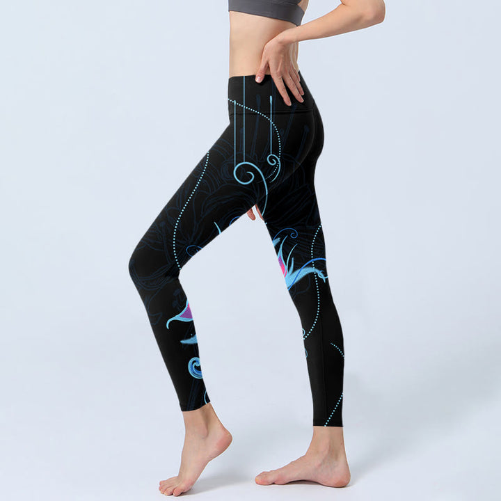 Buddha Stones Black Pink Blue Flowers Print Fitness Leggings Women's Yoga Pants - image 4