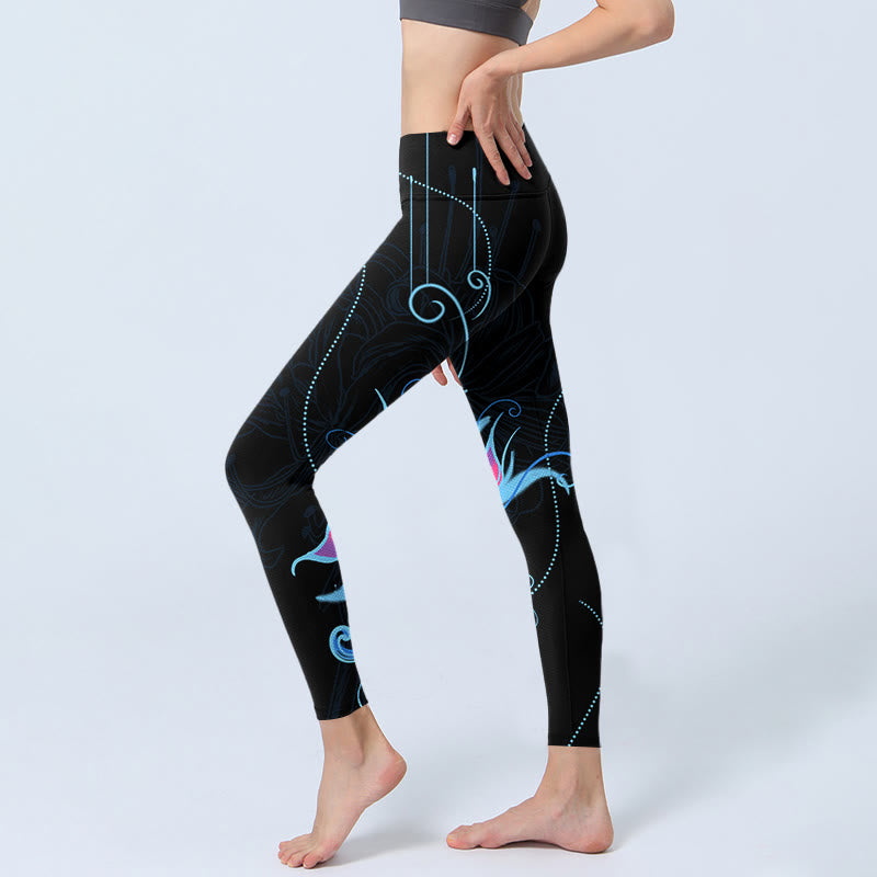 Buddha Stones Black Pink Blue Flowers Print Fitness Leggings Women's Yoga Pants - image 3