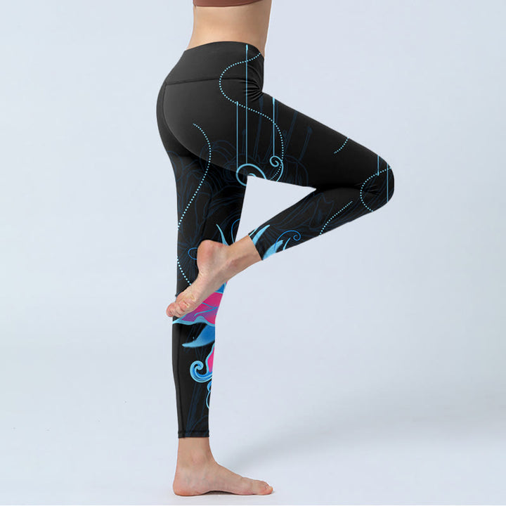 Buddha Stones Black Pink Blue Flowers Print Fitness Leggings Women's Yoga Pants