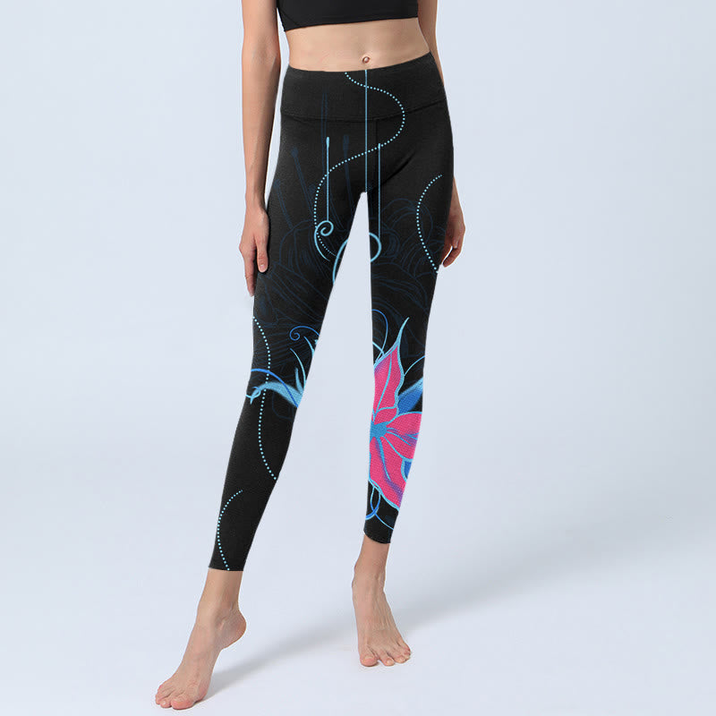 Buddha Stones Black Pink Blue Flowers Print Fitness Leggings Women's Yoga Pants - image 6