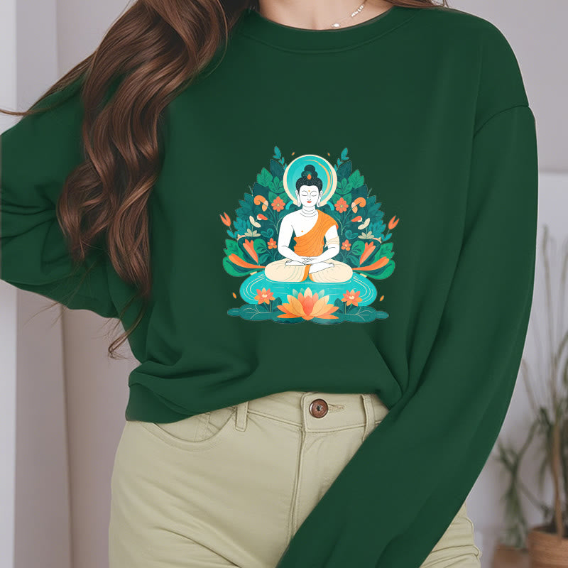 Buddha Stones Lotus Buddha Round Neck Fleece Lined Sweatshirt