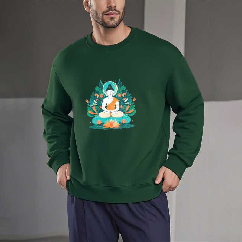 Buddha Stones Lotus Buddha Round Neck Fleece Lined Sweatshirt