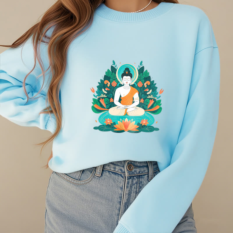 Buddha Stones Lotus Buddha Round Neck Fleece Lined Sweatshirt