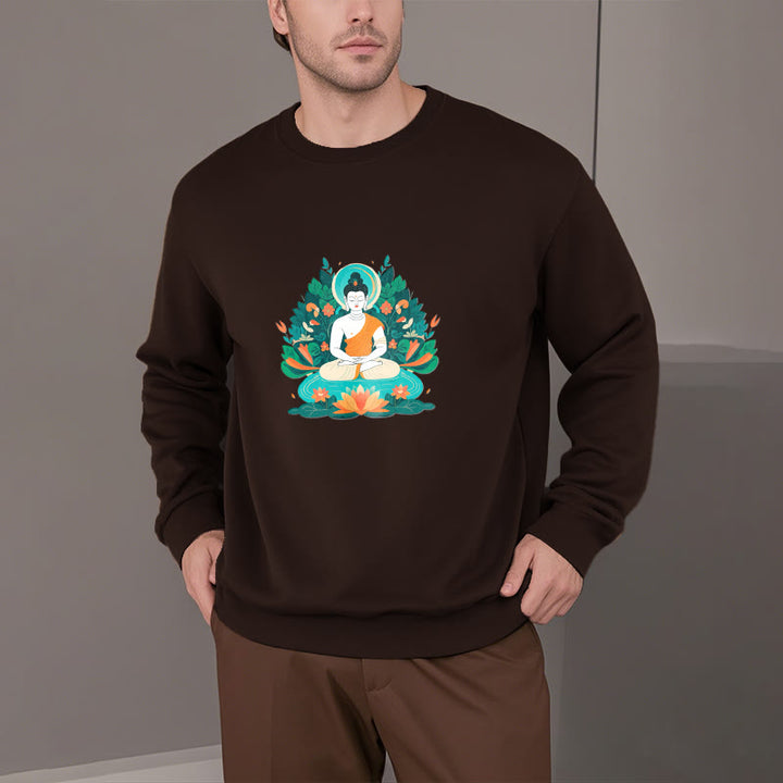 Buddha Stones Lotus Buddha Round Neck Fleece Lined Sweatshirt