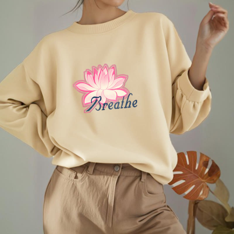 Buddha Stones BREATHE Lotus Round Neck Fleece Lined Sweatshirt