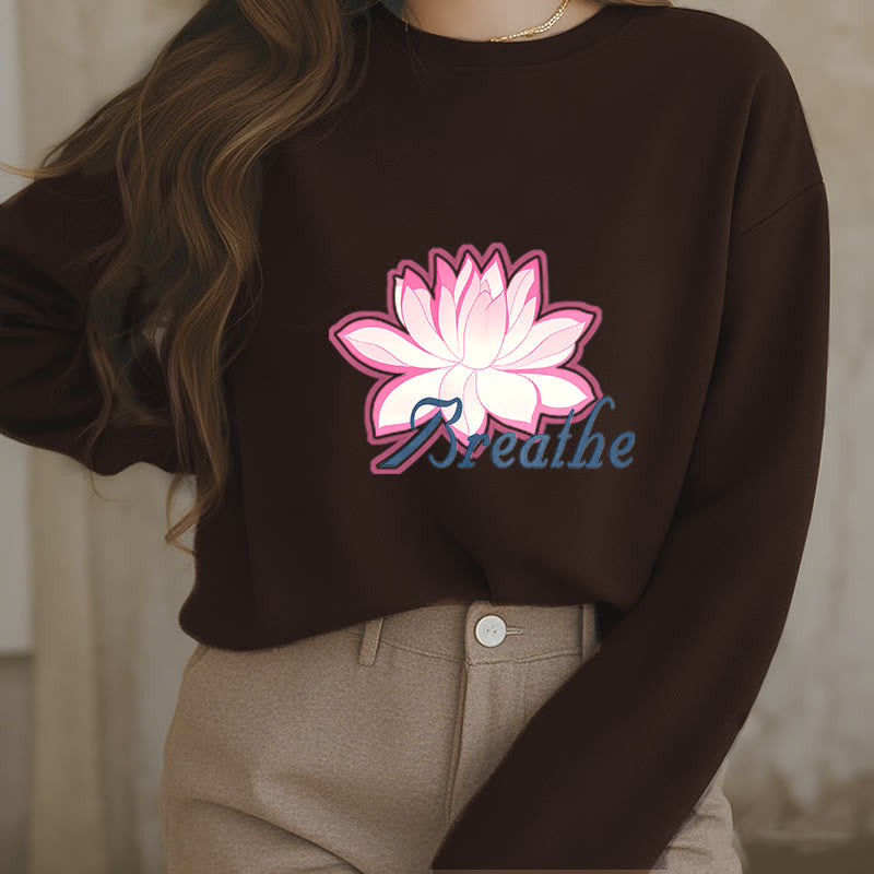 Buddha Stones BREATHE Lotus Round Neck Fleece Lined Sweatshirt