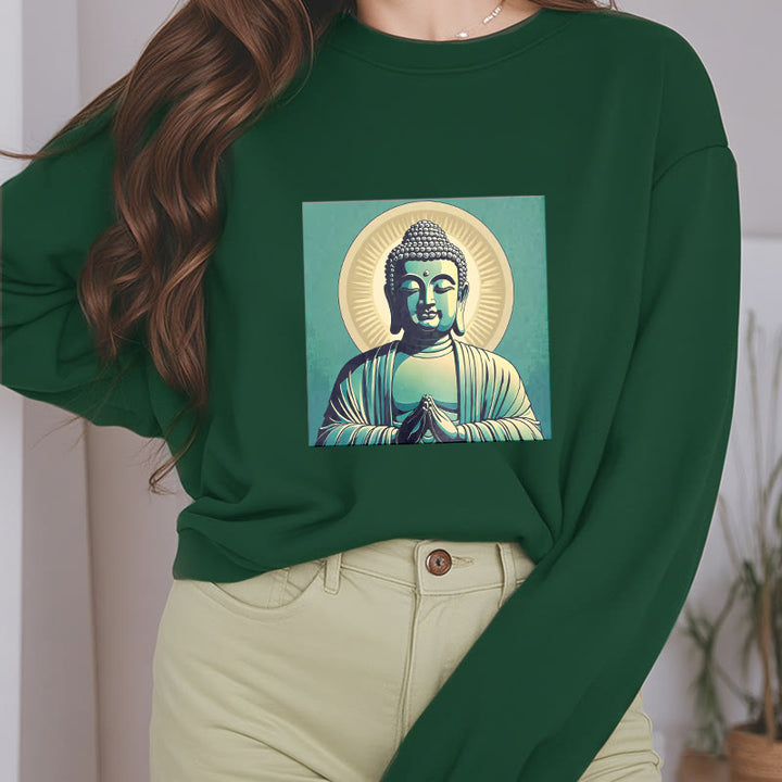 Buddha Stones Aura Green Buddha Round Neck Fleece Lined Sweatshirt