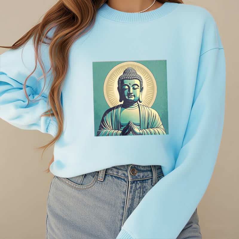 Buddha Stones Aura Green Buddha Round Neck Fleece Lined Sweatshirt