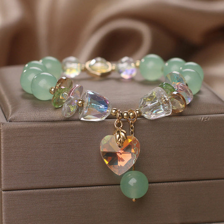 Buddha Stones Aquamarine Green Crystal Love Heart Charm Healing Bracelet