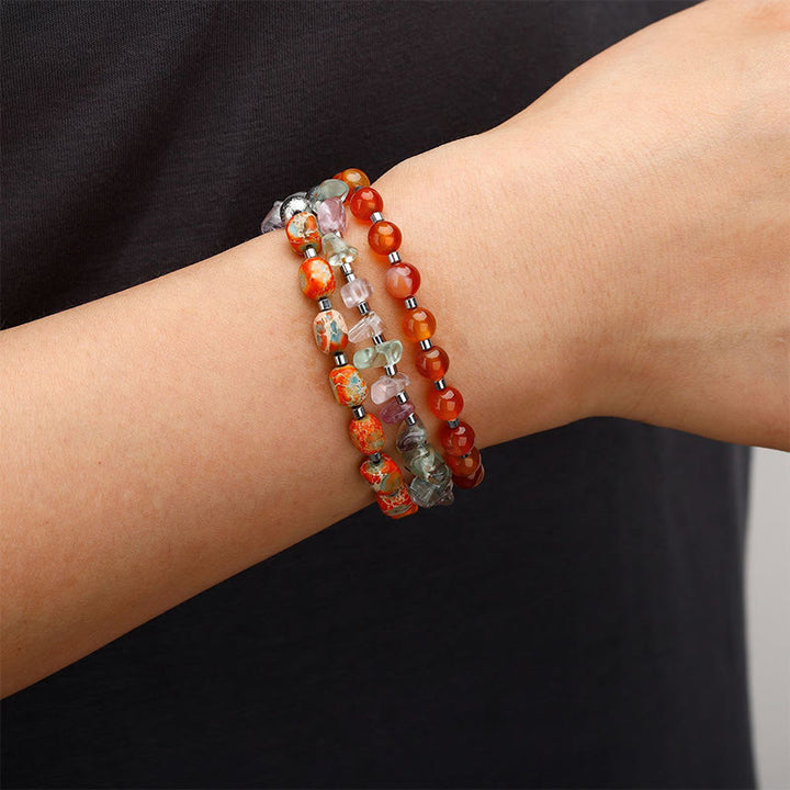 Buddha Stones Fluorite Red Agate Emperor Stone Power Triple Wrap Bracelet