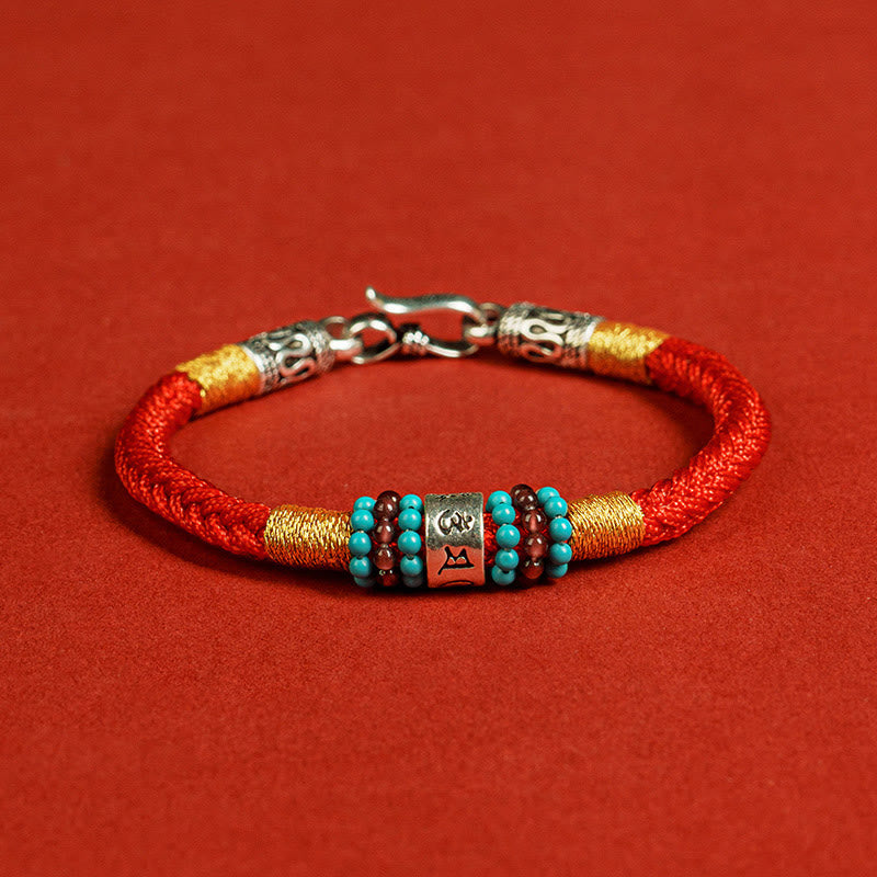 Buddha Stones Red String Black String Six True Words 925 Sterling Silver Connection Bracelet - Red - 19cm - image 1