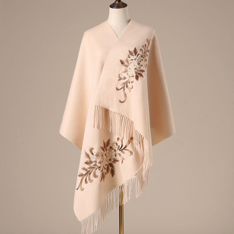 Buddha Stones Wool Shawl Begonia Embroidery Tassel Winter Cozy Travel Scarf Wrap - PeachPuff - 200*60cm - image 7