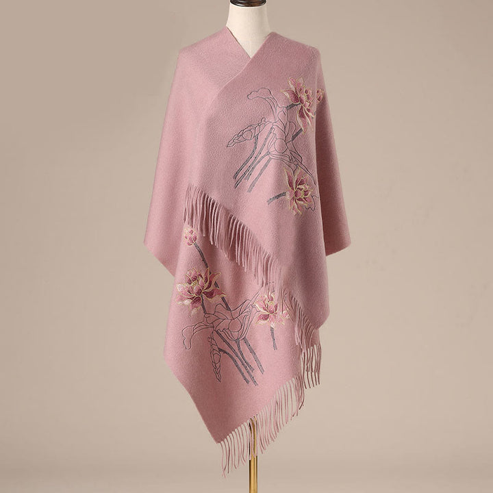 Buddha Stones Wool Shawl Lotus Embroidery Tassel Winter Cozy Travel Scarf Wrap - LightCoral - 200*60cm - image 3