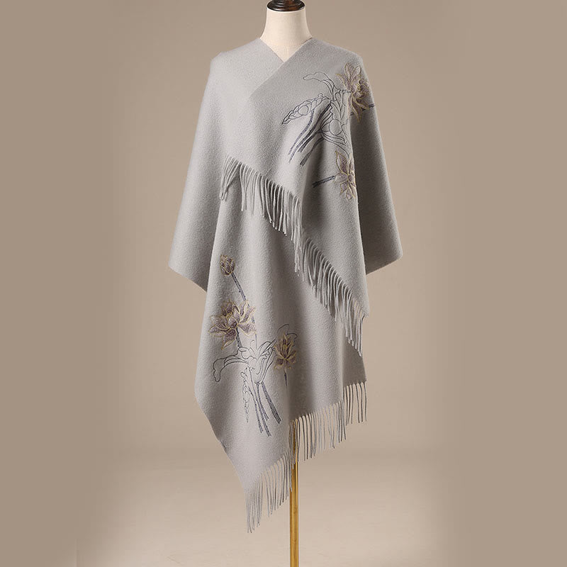 Buddha Stones Wool Shawl Lotus Embroidery Tassel Winter Cozy Travel Scarf Wrap - LightGrey - 200*60cm - image 0