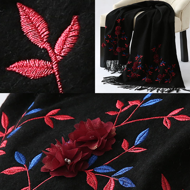 Buddha Stones Wool Shawl 3D Floral Embroidery Tassel Winter Cozy Travel Scarf Wrap - image 5