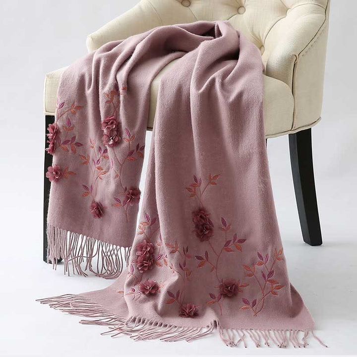 Buddha Stones Wool Shawl 3D Floral Embroidery Tassel Winter Cozy Travel Scarf Wrap