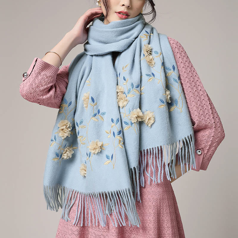 Buddha Stones Wool Shawl 3D Floral Embroidery Tassel Winter Cozy Travel Scarf Wrap - image 12
