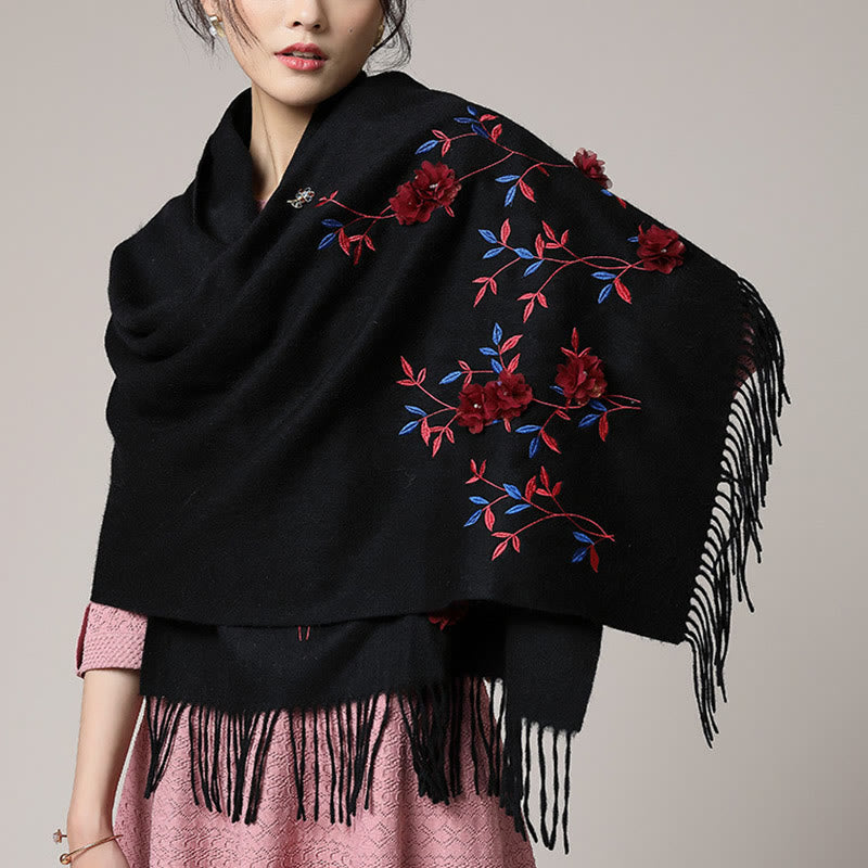 Buddha Stones Wool Shawl 3D Floral Embroidery Tassel Winter Cozy Travel Scarf Wrap - Black - 200*60cm - image 0