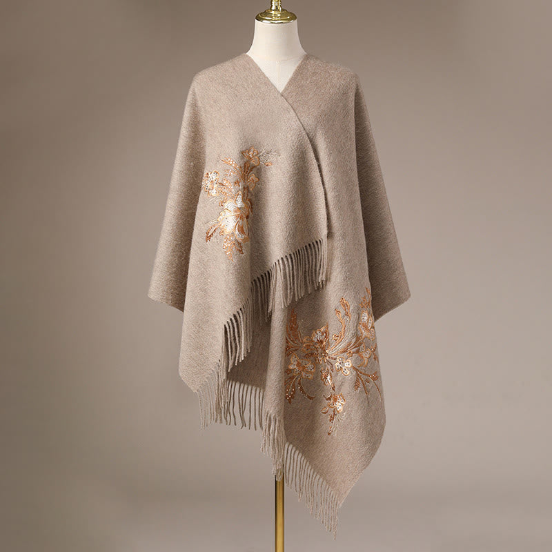 Buddha Stones Wool Shawl Red Flower Gold Sequins Embroidery Tassel Winter Cozy Travel Scarf Wrap - image 7