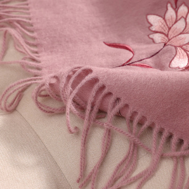 Buddha Stones Wool Shawl Pink Lotus Embroidery Tassel Winter Cozy Travel Scarf Wrap