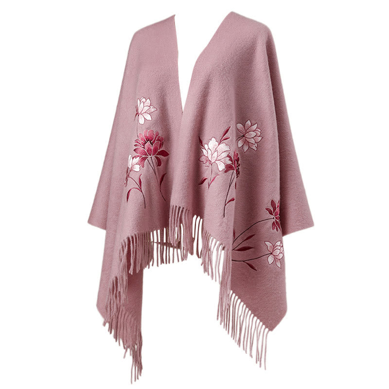 Buddha Stones Wool Shawl Pink Lotus Embroidery Tassel Winter Cozy Travel Scarf Wrap