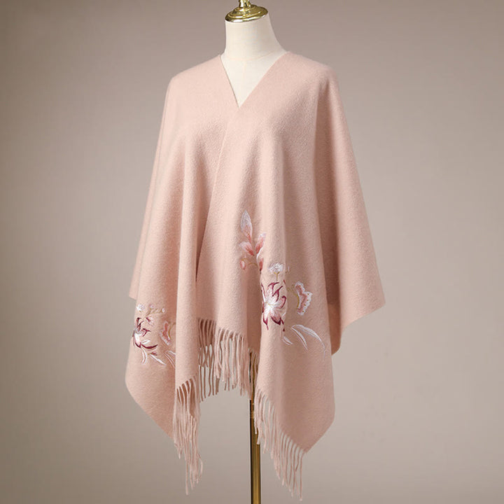 Buddha Stones Wool Shawl Pink White Flower Embroidery Tassel Winter Cozy Travel Scarf Wrap - image 2