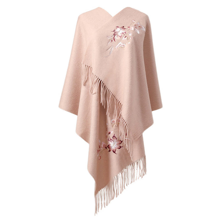 Buddha Stones Wool Shawl Pink White Flower Embroidery Tassel Winter Cozy Travel Scarf Wrap - image 6