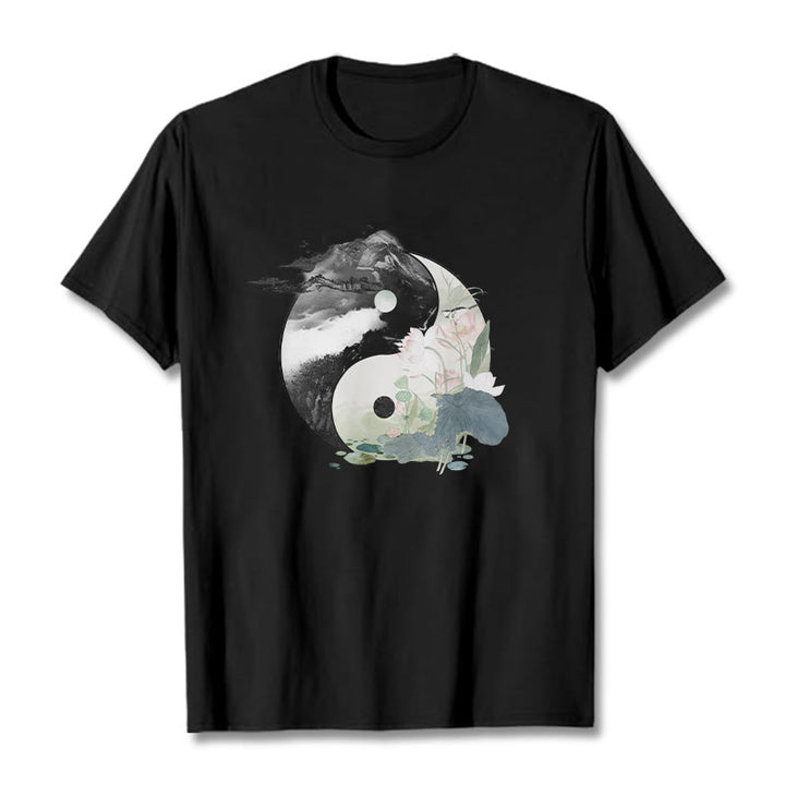 Buddha Stones Yin Yang Lotus Leaf Ink Painting Cotton Tee T-shirt