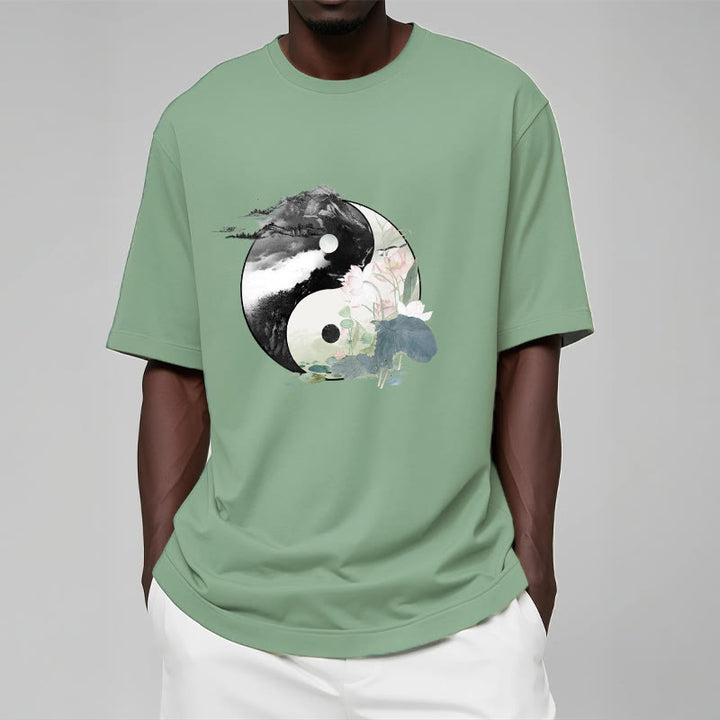 Buddha Stones Yin Yang Lotus Leaf Ink Painting Cotton Tee T-shirt