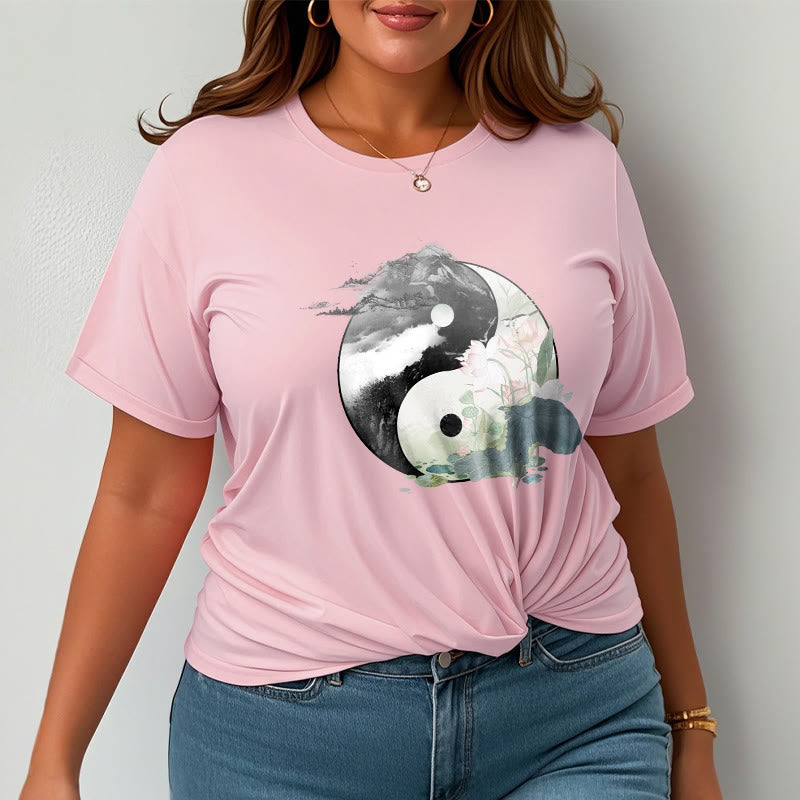 Buddha Stones Yin Yang Lotus Leaf Ink Painting Cotton Tee T-shirt