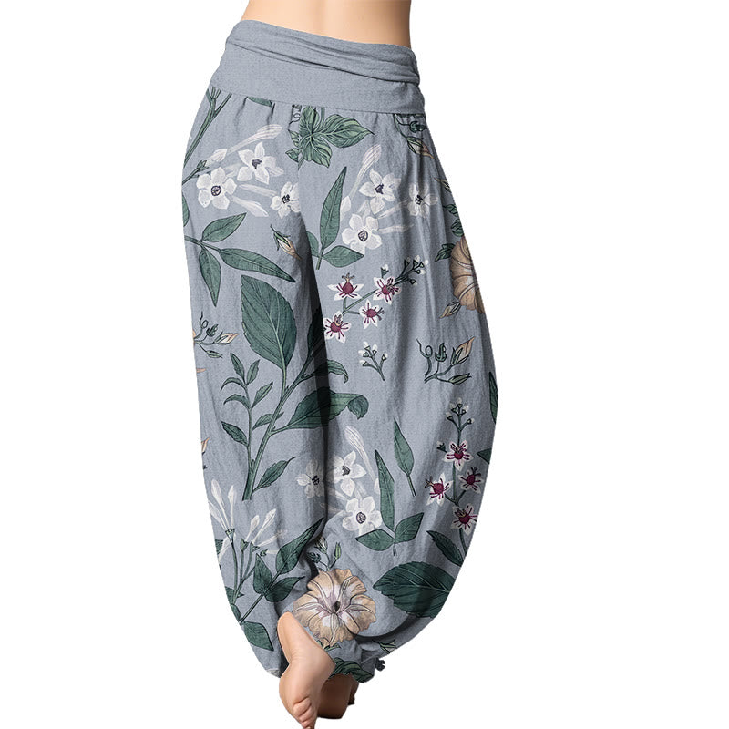 Buddha Stones Flower Plant Pattern Women's Elastic Waist Harem Pants