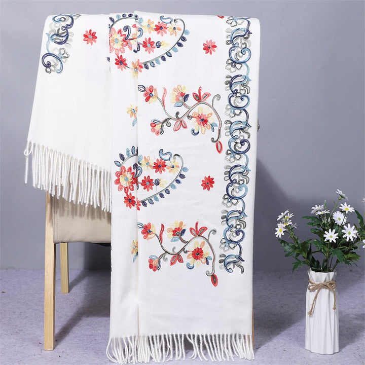 Buddha Stones Polyester Shawl Colorful Flower Ethnic Style Embroidery Tassel Winter Cozy Travel Scarf Wrap