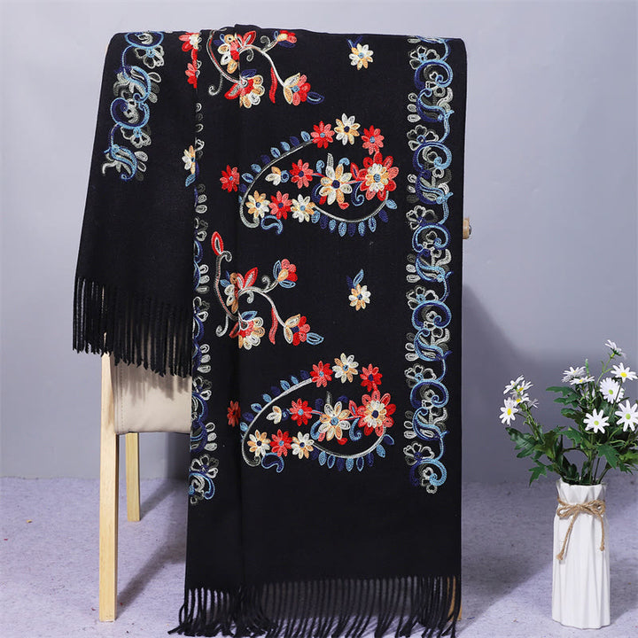 Buddha Stones Polyester Shawl Colorful Flower Ethnic Style Embroidery Tassel Winter Cozy Travel Scarf Wrap