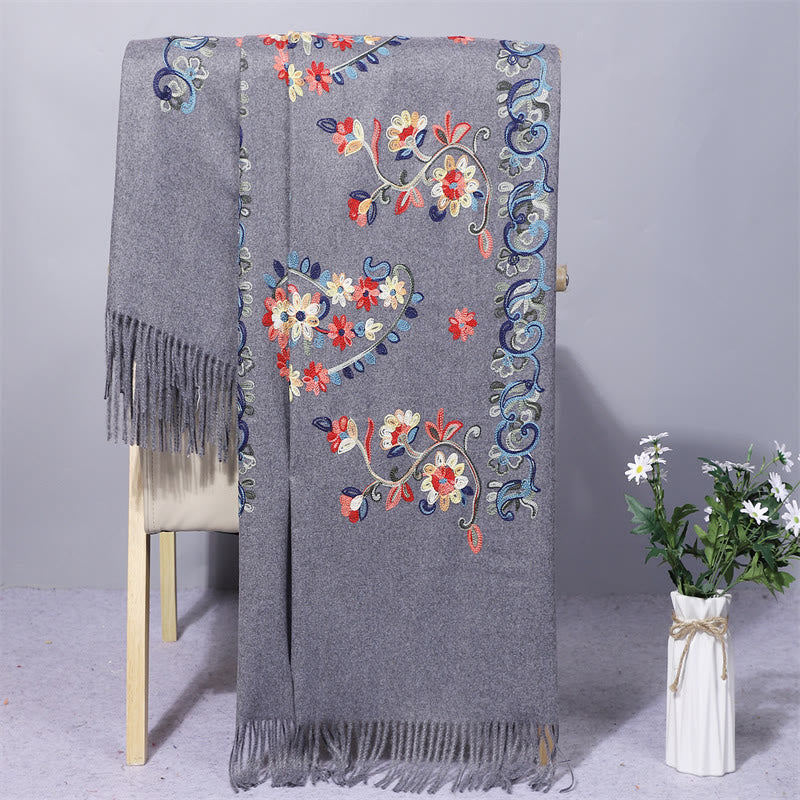 Buddha Stones Polyester Shawl Colorful Flower Ethnic Style Embroidery Tassel Winter Cozy Travel Scarf Wrap